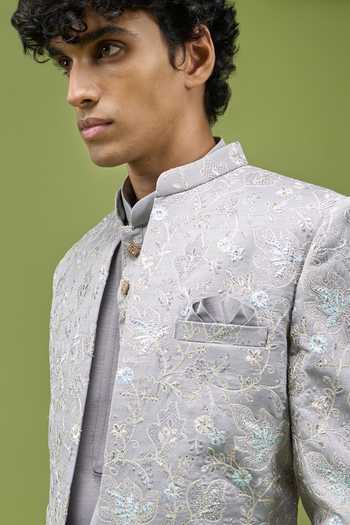 Shop_Arihant Rai Sinha_Grey Silk, Dupion Embroidery, Sequins, Zari Sherwani Set 