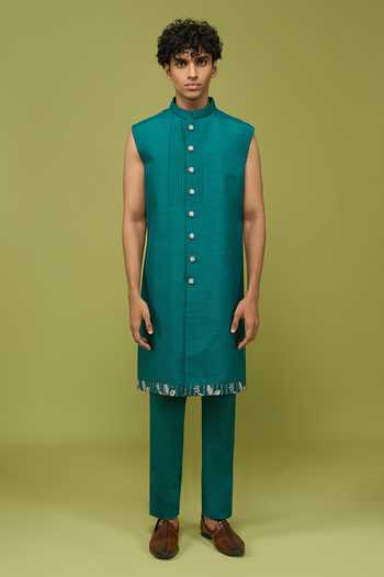 Shop Arihant Rai Sinha Teal Silk, Dupion Pattern Pc Sherwani Set Online at Aza Fashions Shop_Arihant Rai Sinha_Teal Silk, Dupion Pattern Pc Sherwani Set _Online_at_Aza_Fashions
