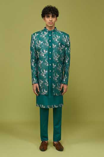 Arihant Rai Sinha Teal Silk, Dupion Pattern Pc Sherwani Set at Aza Fashions Arihant Rai Sinha_Teal Silk, Dupion Pattern Pc Sherwani Set _at_Aza_Fashions
