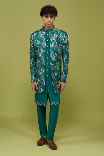 Buy Arihant Rai Sinha Teal Silk, Dupion Pattern Pc Sherwani Set Buy_Arihant Rai Sinha_Teal Silk, Dupion Pattern Pc Sherwani Set