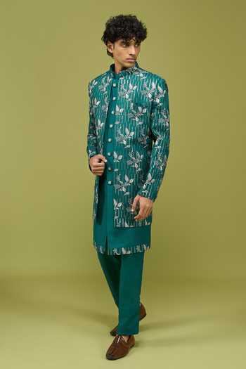 Shop Arihant Rai Sinha Teal Silk, Dupion Pattern Pc Sherwani Set Shop_Arihant Rai Sinha_Teal Silk, Dupion Pattern Pc Sherwani Set