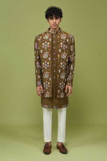 Arihant Rai Sinha Green Silk, Dupion Pattern Pc Art Sherwani Set With Kurta And Pant at Aza Fashions Arihant Rai Sinha_Green Silk, Dupion Pattern Pc Art Sherwani Set With Kurta And Pant _at_Aza_Fashions