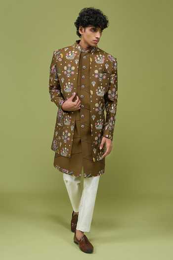 Shop Arihant Rai Sinha Green Silk, Dupion Pattern Pc Art Sherwani Set With Kurta And Pant Shop_Arihant Rai Sinha_Green Silk, Dupion Pattern Pc Art Sherwani Set With Kurta And Pant