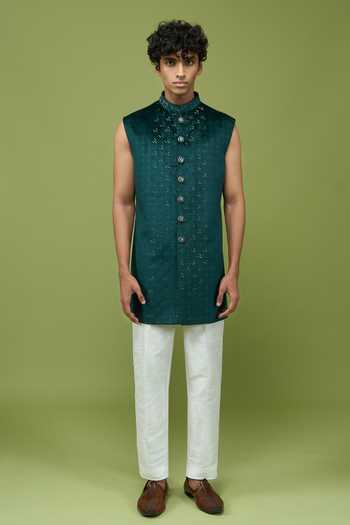 Arihant Rai Sinha Green Velvet, Dupion Embroidered Sherwani Set at Aza Fashions Arihant Rai Sinha_Green Velvet, Dupion Embroidered Sherwani Set _at_Aza_Fashions