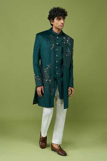 Shop Arihant Rai Sinha Green Velvet, Dupion Embroidered Sherwani Set Shop_Arihant Rai Sinha_Green Velvet, Dupion Embroidered Sherwani Set