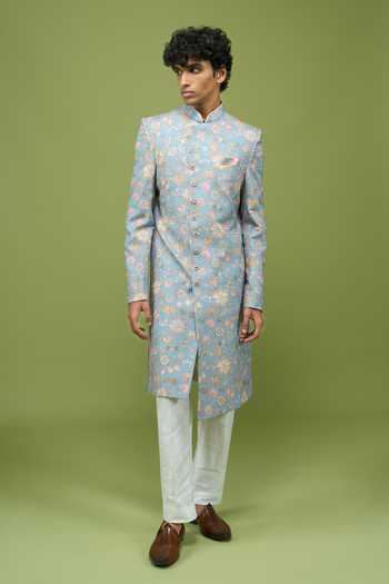 Arihant Rai Sinha_Blue Silk, Dupion Sherwani Jacket And Pant Set _at_Aza_Fashions