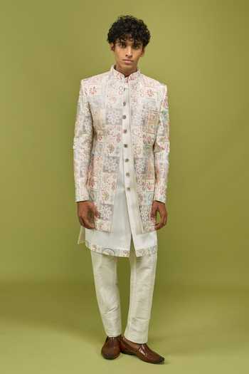 Shop Arihant Rai Sinha Cream Silk, Dupion Mens Sherwani Kurta And Pant Set Shop_Arihant Rai Sinha_Cream Silk, Dupion Mens Sherwani Kurta And Pant Set