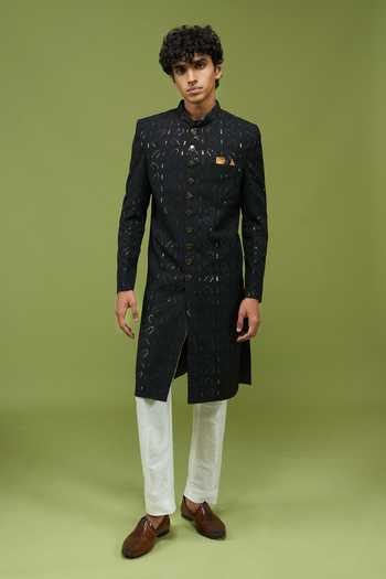 Shop Arihant Rai Sinha Black Silk, Dupion Mens Pattern Pcs Achkan And Pant Set Online at Aza Fashions Shop_Arihant Rai Sinha_Black Silk, Dupion Mens Pattern Pcs Achkan And Pant Set _Online_at_Aza_Fashions