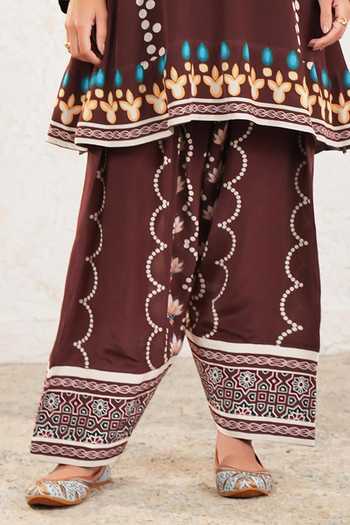 Shop_Miku Kumar_Brown Crepe V-neck Vyona Kurta Farsi Salwar Set _Online_at_Aza_Fashions