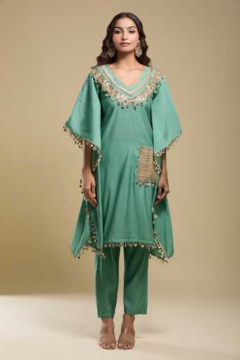 Samyukta Singhania Green Tassels V-neck Embroidered Kaftan And Pant Set Online at Aza Fashions Samyukta Singhania_Green Tassels V-neck Embroidered Kaftan And Pant Set _Online_at_Aza_Fashions