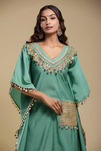 Buy Samyukta Singhania Green Tassels V-neck Embroidered Kaftan And Pant Set Online at Aza Fashions Buy_Samyukta Singhania_Green Tassels V-neck Embroidered Kaftan And Pant Set _Online_at_Aza_Fashions