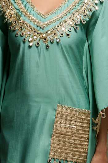 Shop Samyukta Singhania Green Tassels V-neck Embroidered Kaftan And Pant Set Online at Aza Fashions Shop_Samyukta Singhania_Green Tassels V-neck Embroidered Kaftan And Pant Set _Online_at_Aza_Fashions
