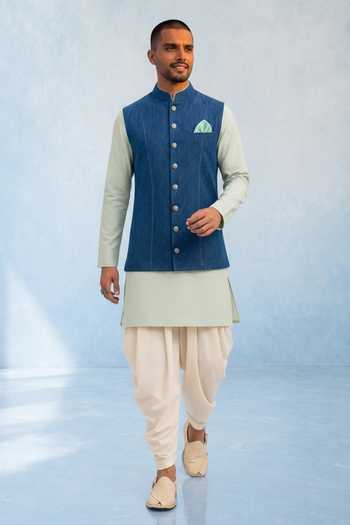 Bubber Couture Blue Denim Bosco Nehru Jacket at Aza Fashions Bubber Couture_Blue Denim Bosco Nehru Jacket _at_Aza_Fashions