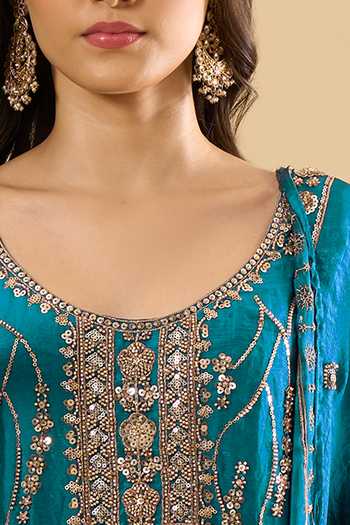 Shop Samyukta Singhania Blue Satin Sequins, Zari, Stones Scoop Neck Embroidered Kurta Set Online at Aza Fashions Shop_Samyukta Singhania_Blue Satin Sequins, Zari, Stones Scoop Neck Embroidered Kurta Set _Online_at_Aza_Fashions