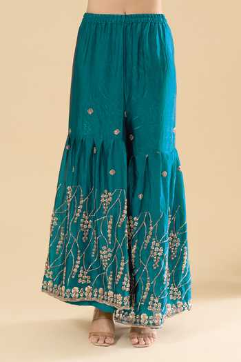 Samyukta Singhania Blue Satin Sequins, Zari, Stones Scoop Neck Embroidered Kurta Set at Aza Fashions Samyukta Singhania_Blue Satin Sequins, Zari, Stones Scoop Neck Embroidered Kurta Set _at_Aza_Fashions