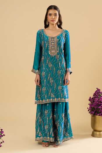 Samyukta Singhania Blue Satin Sequins, Zari, Stones Scoop Neck Embroidered Kurta Set Online at Aza Fashions Samyukta Singhania_Blue Satin Sequins, Zari, Stones Scoop Neck Embroidered Kurta Set _Online_at_Aza_Fashions