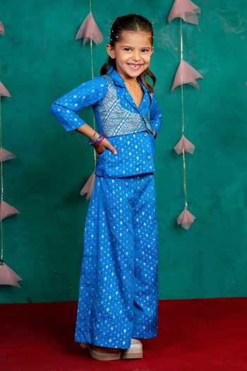 Buy JILMIL DREAMWEAR Blue Silk Zari Blazer And Palazzo Set Online at Aza Fashions Buy_JILMIL DREAMWEAR_Blue Silk Zari Blazer And Palazzo Set _Online_at_Aza_Fashions