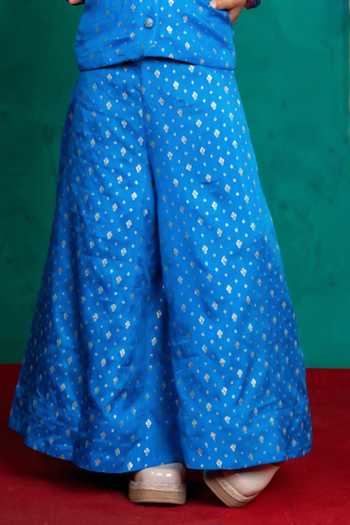 Shop JILMIL DREAMWEAR Blue Silk Zari Blazer And Palazzo Set Online at Aza Fashions Shop_JILMIL DREAMWEAR_Blue Silk Zari Blazer And Palazzo Set _Online_at_Aza_Fashions
