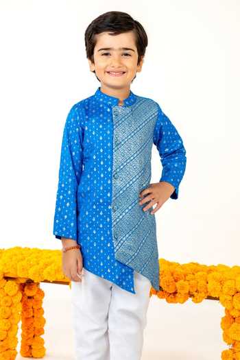 JILMIL DREAMWEAR Blue Silk Kurta Pant Set Online at Aza Fashions JILMIL DREAMWEAR_Blue Silk Kurta Pant Set _Online_at_Aza_Fashions