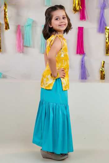 JILMIL DREAMWEAR Yellow Satin Sleeveless Kurta And Sharara Set Online at Aza Fashions JILMIL DREAMWEAR_Yellow Satin Sleeveless Kurta And Sharara Set _Online_at_Aza_Fashions
