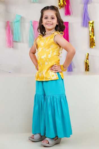 Buy JILMIL DREAMWEAR Yellow Satin Sleeveless Kurta And Sharara Set Online at Aza Fashions Buy_JILMIL DREAMWEAR_Yellow Satin Sleeveless Kurta And Sharara Set _Online_at_Aza_Fashions