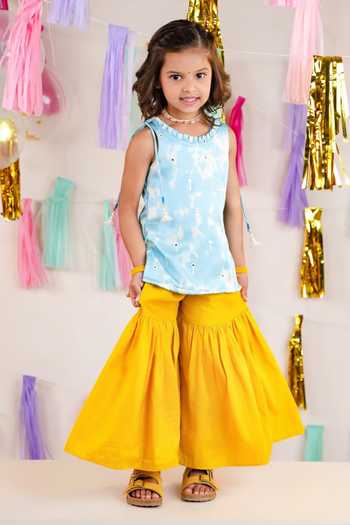 JILMIL DREAMWEAR Blue Satin Kurta And Sharara Set at Aza Fashions JILMIL DREAMWEAR_Blue Satin Kurta And Sharara Set _at_Aza_Fashions