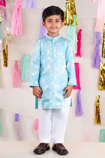 JILMIL DREAMWEAR Sky Blue Linen Satin Kurta Pant Set 