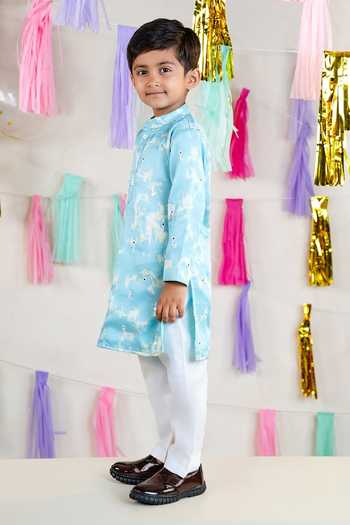 Shop JILMIL DREAMWEAR Sky Blue Satin Linen Kurta Pant Set Online at Aza Fashions Shop_JILMIL DREAMWEAR_Sky Blue Satin Linen Kurta Pant Set _Online_at_Aza_Fashions