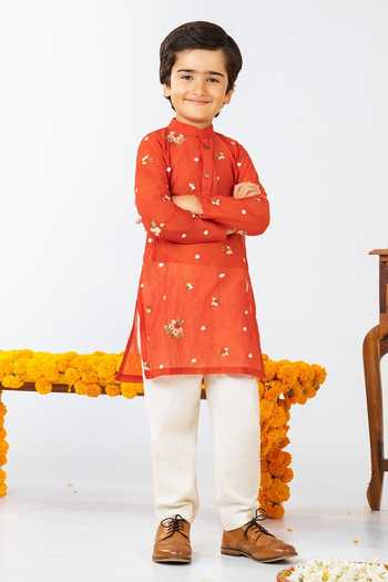 JILMIL DREAMWEAR Rust Orange Embroidered Kurta Pant Set 