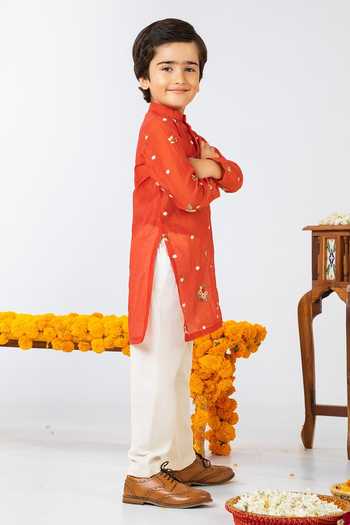 JILMIL DREAMWEAR Rust Orange Embroidered Kurta Pant Set 