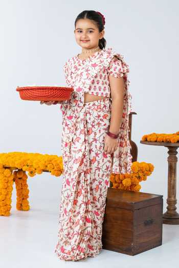 Buy JILMIL DREAMWEAR White Cotton Floral Print Pre-draped Saree With Blouse Online at Aza Fashions Buy_JILMIL DREAMWEAR_White Cotton Floral Print Pre-draped Saree With Blouse _Online_at_Aza_Fashions