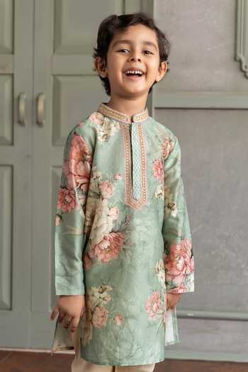Kalista Green Chanderi Silk Rian Printed Kurta Set Online at Aza Fashions Kalista_Green Chanderi Silk Rian Printed Kurta Set _Online_at_Aza_Fashions