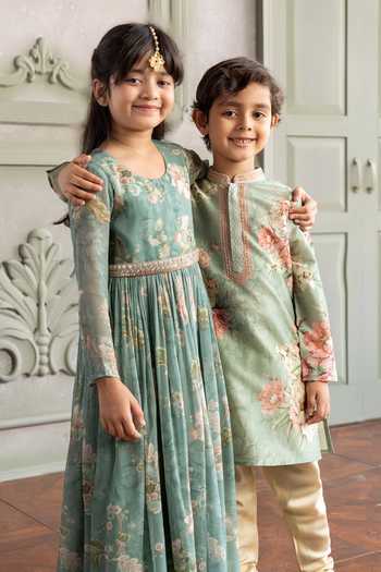 Shop Kalista Green Chanderi Silk Rian Printed Kurta Set Online at Aza Fashions Shop_Kalista_Green Chanderi Silk Rian Printed Kurta Set _Online_at_Aza_Fashions
