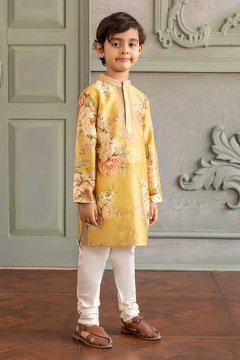 Kalista Yellow Chanderi Silk Rian Printed Kurta Set Online at Aza Fashions Kalista_Yellow Chanderi Silk Rian Printed Kurta Set _Online_at_Aza_Fashions