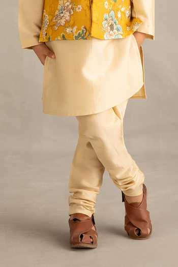Buy Kalista Yellow Silk, Chanderi, Viscose Zivansh Floral Print Bundi And Kurta Set Online at Aza Fashions Buy_Kalista_Yellow Silk, Chanderi, Viscose Zivansh Floral Print Bundi And Kurta Set _Online_at_Aza_Fashions