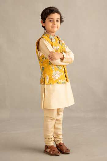 Shop Kalista Yellow Silk, Chanderi, Viscose Zivansh Floral Print Bundi And Kurta Set Online at Aza Fashions Shop_Kalista_Yellow Silk, Chanderi, Viscose Zivansh Floral Print Bundi And Kurta Set _Online_at_Aza_Fashions