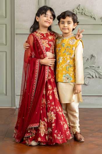 Kalista Yellow Silk, Chanderi, Viscose Zivansh Floral Print Bundi And Kurta Set at Aza Fashions Kalista_Yellow Silk, Chanderi, Viscose Zivansh Floral Print Bundi And Kurta Set _at_Aza_Fashions