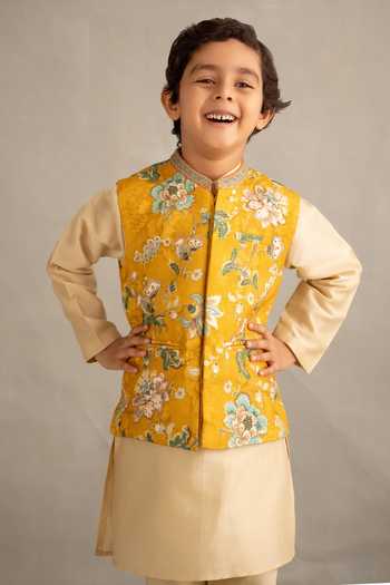Buy Kalista Yellow Silk, Chanderi, Viscose Zivansh Floral Print Bundi And Kurta Set Buy_Kalista_Yellow Silk, Chanderi, Viscose Zivansh Floral Print Bundi And Kurta Set