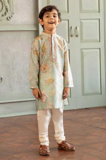 Shop Kalista Green Chanderi Silk Parth Floral Print Kurta Set Online at Aza Fashions Shop_Kalista_Green Chanderi Silk Parth Floral Print Kurta Set _Online_at_Aza_Fashions