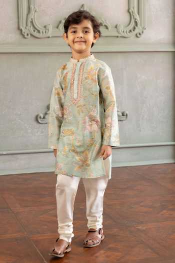 Kalista Green Chanderi Silk Parth Floral Print Kurta Set at Aza Fashions Kalista_Green Chanderi Silk Parth Floral Print Kurta Set _at_Aza_Fashions