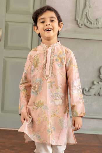 Shop_Kalista_Pink Chanderi Silk Parth Printed Kurta Set _Online_at_Aza_Fashions