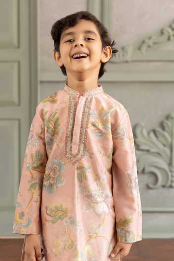 Kalista_Pink Chanderi Silk Parth Printed Kurta Set _at_Aza_Fashions
