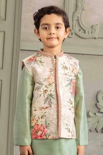 Buy Kalista Beige Silk, Chanderi, Viscose Ronak Printed Bundi And Kurta Set Online at Aza Fashions Buy_Kalista_Beige Silk, Chanderi, Viscose Ronak Printed Bundi And Kurta Set _Online_at_Aza_Fashions
