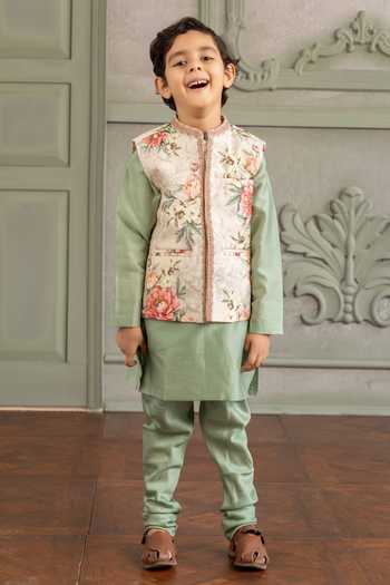Shop Kalista Beige Silk, Chanderi, Viscose Ronak Printed Bundi And Kurta Set Online at Aza Fashions Shop_Kalista_Beige Silk, Chanderi, Viscose Ronak Printed Bundi And Kurta Set _Online_at_Aza_Fashions