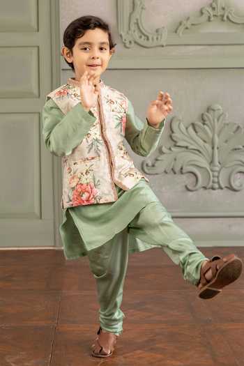 Kalista Beige Silk, Chanderi, Viscose Ronak Printed Bundi And Kurta Set at Aza Fashions Kalista_Beige Silk, Chanderi, Viscose Ronak Printed Bundi And Kurta Set _at_Aza_Fashions