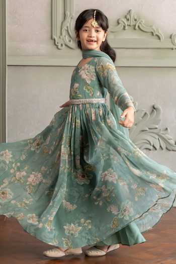 Shop Kalista Green Viscose Georgette, Net Sanya Printed Anarkali With Dupatta Online at Aza Fashions Shop_Kalista_Green Viscose Georgette, Net Sanya Printed Anarkali With Dupatta _Online_at_Aza_Fashions