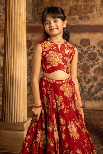 Shop Kalista Red Silk, Organza, Net Adwika Printed Lehenga Set Online at Aza Fashions Shop_Kalista_Red Silk, Organza, Net Adwika Printed Lehenga Set _Online_at_Aza_Fashions