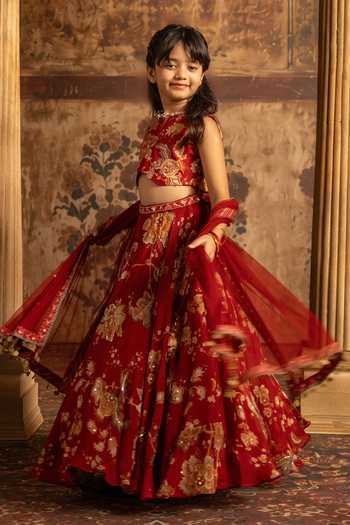 Kalista Red Silk, Organza, Net Adwika Printed Lehenga Set at Aza Fashions Kalista_Red Silk, Organza, Net Adwika Printed Lehenga Set _at_Aza_Fashions