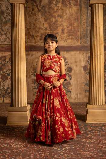 Shop Kalista Red Silk, Organza, Net Adwika Printed Lehenga Set Shop_Kalista_Red Silk, Organza, Net Adwika Printed Lehenga Set