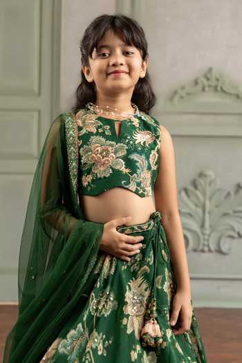 Kalista Emerald Green Silk, Organza, Net Adwika Printed Lehenga Set Online at Aza Fashions Kalista_Emerald Green Silk, Organza, Net Adwika Printed Lehenga Set _Online_at_Aza_Fashions